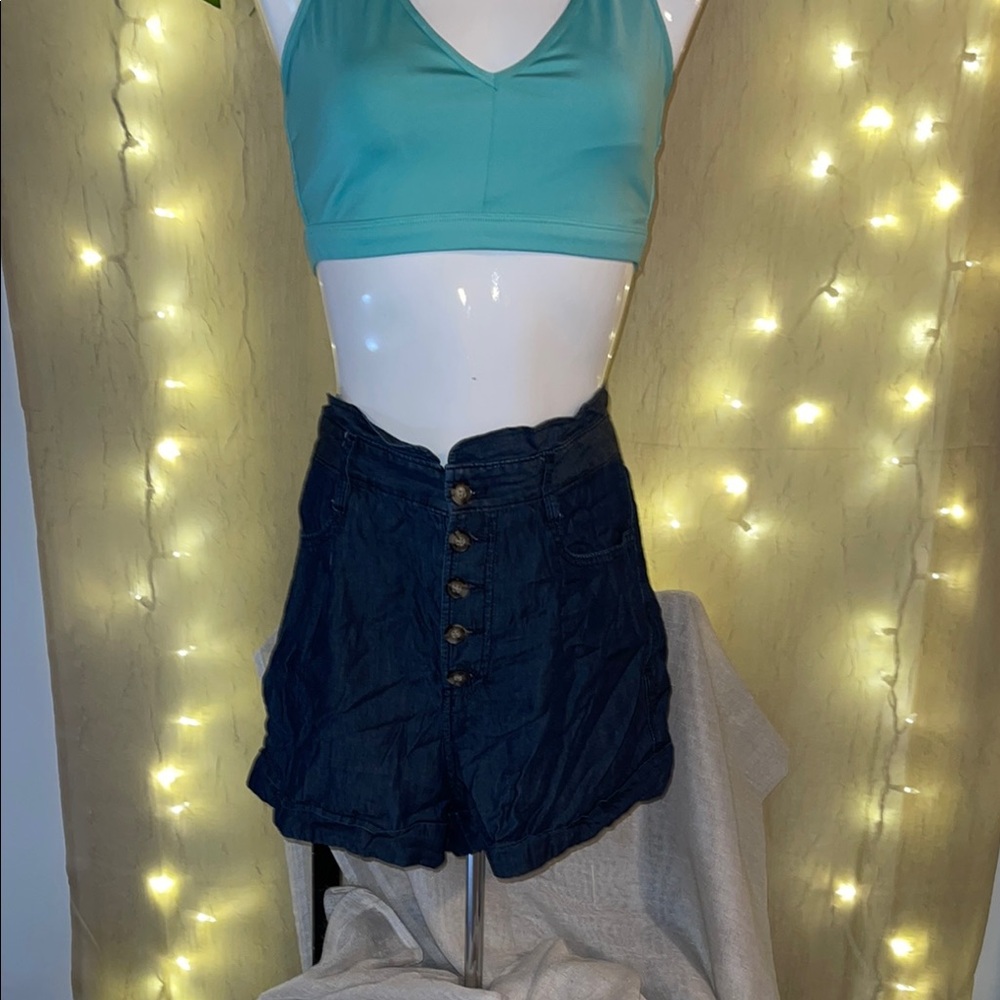 Women's Blue Button-Up Shorts